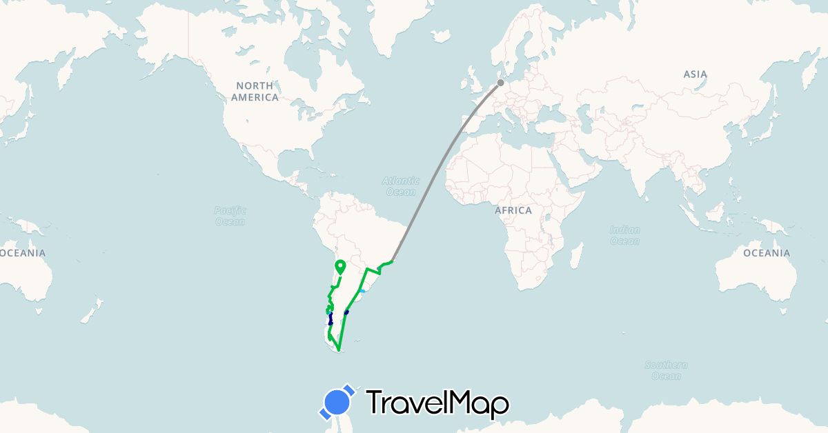 TravelMap itinerary: driving, bus, plane, train, boat in Argentina, Brazil, Chile, Germany, Uruguay (Europe, South America)
